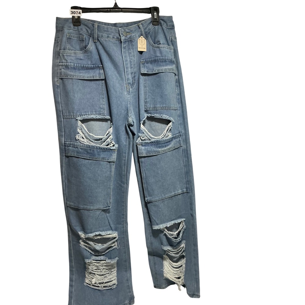 Plant For The Earth Distressed Cargo Jeans Light Wash Ripped Straight‎ Leg XL